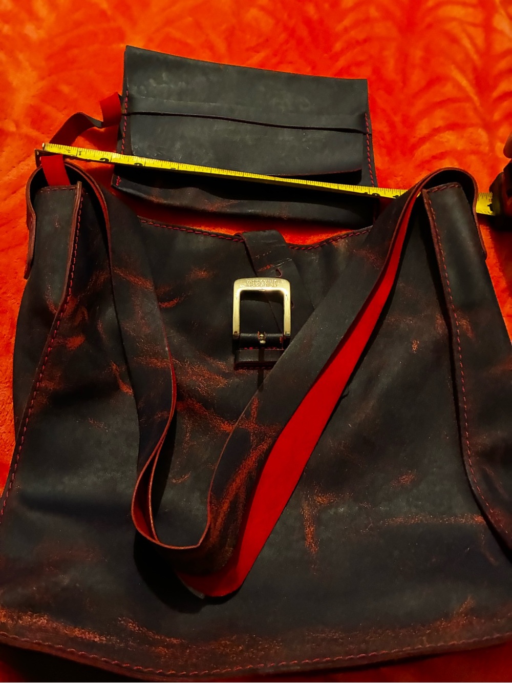 Moschino Black, blue red Leather Messenger Bag with Red Accents